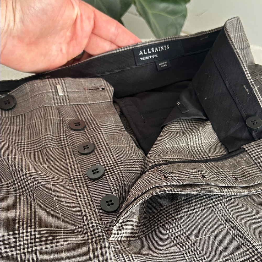 AllSaints Brown & Tan Heritage Wool Plaid Button‑Up Dress Pants — 36” Waist